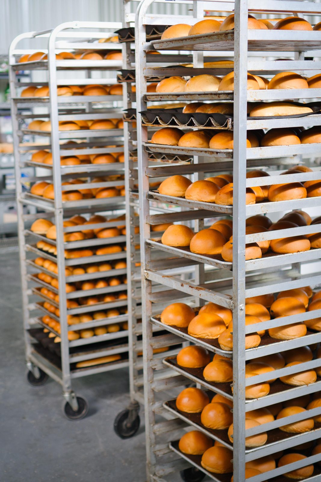 Racks rodantes con bandejas de pan en el área de producción